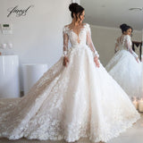 Fmogl Sexy Sweetheart Long Sleeve Lace Ball Gown Wedding Dresses Luxury Flowers Chapel Train Vintage Bridal Gown
