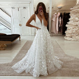 FIDDY898 Deep V Neck Wedding Dresses 3D Flowers Lace Bridal Gowns Elegant Bridal Wear vestido de noiva Robe Marrige QW01315