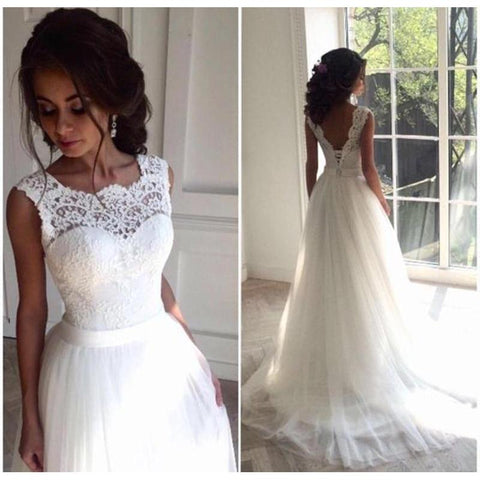 A Line Lace Beach Wedding Dress 2019 Scoop Neck
