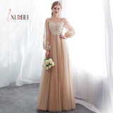 A Line Long Sleeves Champagne Bridesmaid Dresses Long 2018  Tulle Applique