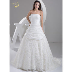 A Line Taffeta Lace Flower With Train Wedding Dress