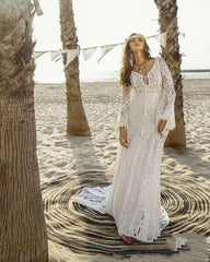 Bohemia Lace Beach Wedding Dress Vintage Long Flare Sleeve Backless