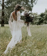 Bohemian wedding Dress V-Neck- Lace Vintage- Long Sleeve