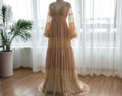 Bohemian wedding Dress V-Neck- Lace Vintage- Long Sleeve