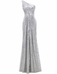 Cap Sleeves  Mermaid Sequined One Shoulder Bridesmaid Dress