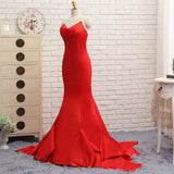 Celebrity Inspired Dress Mermaid V-neck Sweep Train Satin Red Backless
