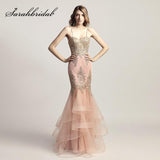 Celebrity Inspired Dress Spaghetti Strap Blush Mermaid with Golden Crystal Appliques
