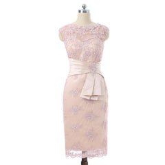 Champagne Sheath Knee Length Lace Beaded  Dress