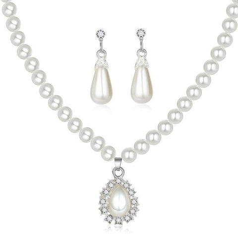 Classic Silver Color Simulated Pearl Paved Crystal Water Drop Necklace Set