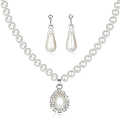 Classic Silver Color Simulated Pearl Paved Crystal Water Drop Necklace Set