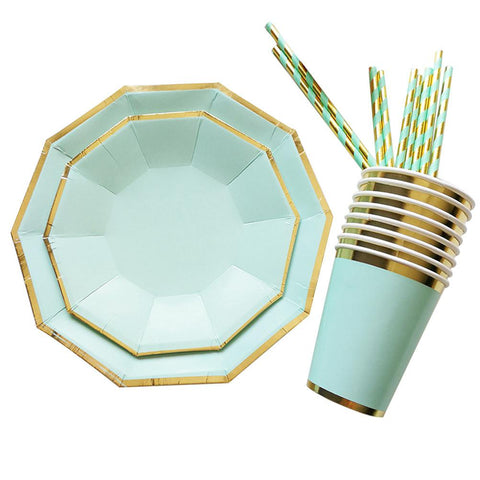 Disposable Paper Dinnerware Set 16pcs Cake Plates 8pcs Cups and 25pcs Straws