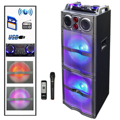 Double 10 Inch Subwoofer Bluetooth Portable Party Speaker with Reactive Lights,  USB/ SD Input, FM Radio, Remote Control and Microphone