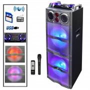 Double 10 Inch Subwoofer Bluetooth Portable Party Speaker with Reactive Lights,  USB/ SD Input, FM Radio, Remote Control and Microphone