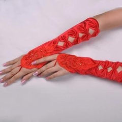 Embroidered Bow White Red Long Design Lace Wedding Gloves