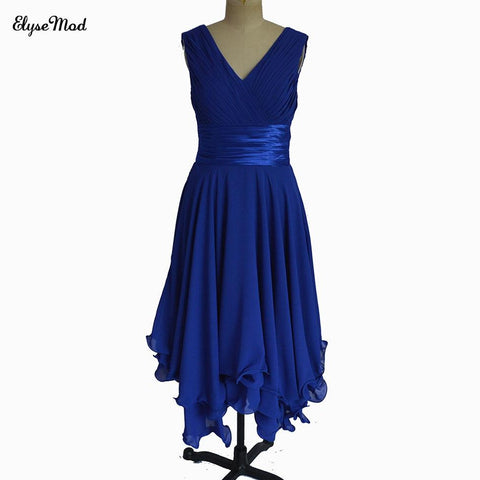 Flare A-Line V Neck Sleeveless Bridesmaid Dress Chiffon High low Dress with Satin Belt