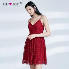 Formal Dress for  Home Coming / Prom  A Line Spaghetti Straps  V-Neck Short Red Lace