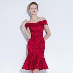 Formal Dress for  Home Coming / Prom  Burgundy Short Mini Mermaid Off Shoulder Sweetheart