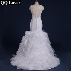 Gorgeous Beaded Mermaid Wedding Dresses Sheer Back and Neck Ruffles