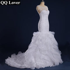 Gorgeous Beaded Mermaid Wedding Dresses Sheer Back and Neck Ruffles