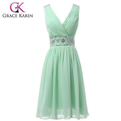 Grace Karin Chiffon Short Bridesmaid Dress Knee Length V-Neck Beaded and Sequins