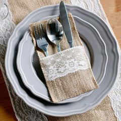 Hessian Burlap Lace Tableware Pouch Cutlery Holder Favor Rustic Knife and Fork Bag