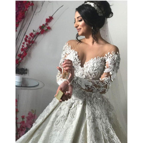 Ivory Wedding Dress Custom Made Lace Pearls Bridal Gown Long Sleeves