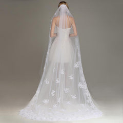 Lace Edge Ivory White Long Wedding Veil with Appliques One Layer Tulle