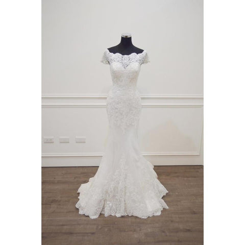 Lace Mermaid Wedding Dress Boat Neck Short Sleeves
