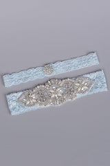 Light Blue Garter With Rhinestone Hand Made Pearl Bridal Thigh Garter Belt