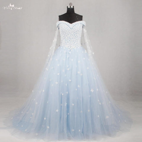 Light Blue Wedding Dress Princess Style Off the Shoulder Winter Wedding