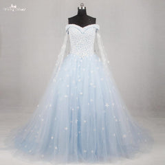 Light Blue Wedding Dress Princess Style Off the Shoulder Winter Wedding