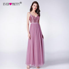 Long Bridesmaids Dress Elegant A Line V Neck Tulle Sequins