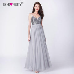 Long Bridesmaids Dress Elegant A Line V Neck Tulle Sequins