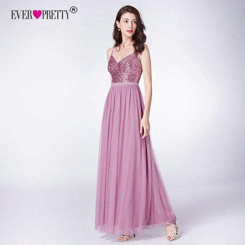 Long Bridesmaids Dress Elegant A Line V Neck Tulle Sequins