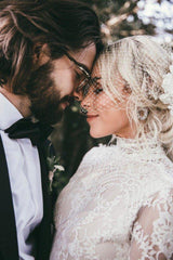 Long Lace Sleeves Boho High Neck Backless Wedding Dress