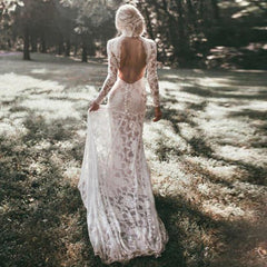 Long Lace Sleeves Boho High Neck Backless Wedding Dress
