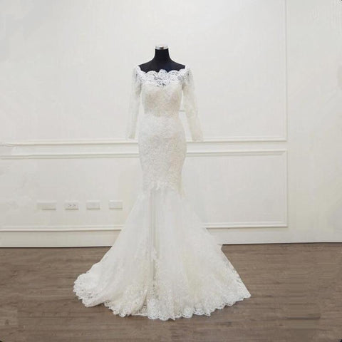 Long Sleeve Lace Mermaid Tulle Wedding Dress 2019