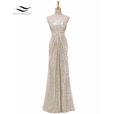 Off Shoulder Champagne Mermaid Sequined Strapless Bridesmaid Dress