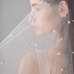 One Layer Ivory Wedding Veil with Pearl Beaded Soft Tulle