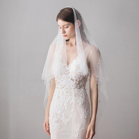 One Layer Ivory Wedding Veil with Pearl Beaded Soft Tulle