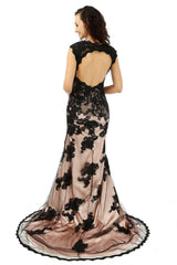 Open Back Mermaid V-neck Cap Sleeves Satin Lace Dress