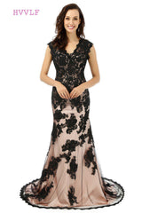 Open Back Mermaid V-neck Cap Sleeves Satin Lace Dress