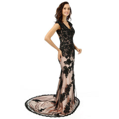 Open Back Mermaid V-neck Cap Sleeves Satin Lace Dress