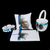 Peacock Feather White Wedding Guest Book,Pen,Ring Pillow,Flower Basket,Garter Set