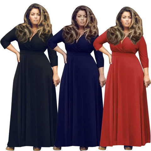 Plus Size Long V Neck Maxi Evening Party Cocktail Dress