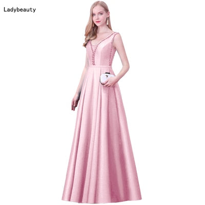 Beaded V-Neck A Line Evening Dress