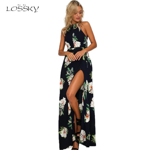 Floral Print Halter Chiffon Long Dress