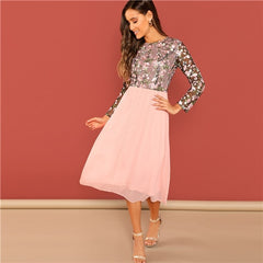 Pink Flower Embroidered Contrast Mesh A-Line  Dress