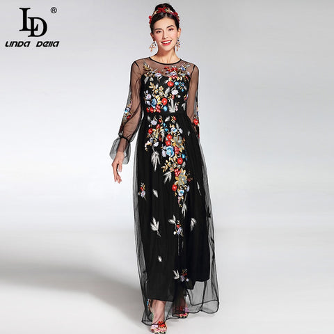 Long Sleeve Tulle Gauze Floral Embroidery Black Vintage Long Dress