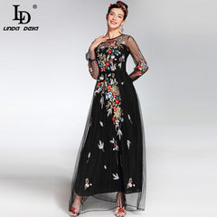 Long Sleeve Tulle Gauze Floral Embroidery Black Vintage Long Dress